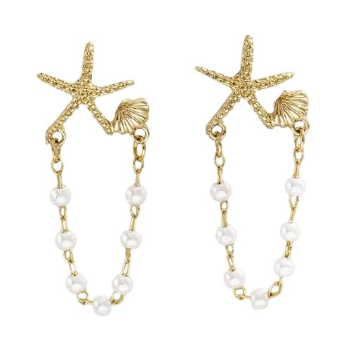 Elegante Goldene Seestar Schalenohrringe Für Frauen Bequemer Strandschmuck Mit Perlenkette Spezial Geschenk Muschel Perlen Kettenohrringe von Psdndeww