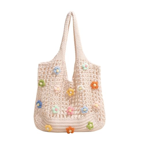 Psdndeww Damen Strandtasche Gestrickte Schultertasche Mode Handtasche mit Blumen Große Kapazität Achsel Einkaufen für Reisen Frauen Handtasche Gestrickte Schulter Große Kapazität Strand Achsel, weiß von Psdndeww