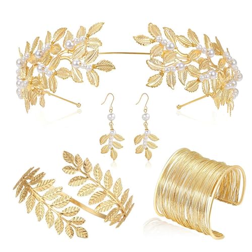 Psdndeww] Kostüm der herrlichen Göttin Kostümzubehör Braut Schmuck Perlenohrringe mit Krone Blatt des Ruhms Armband, c von Psdndeww