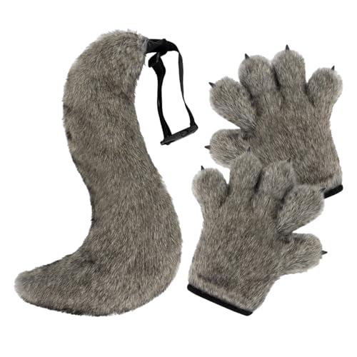 Psdndeww Plüsch Wolf Schwanz Und Handschuhe Set Pelzhandschuhe Halloween Kostüm Set Pfoten Handschuhe Tierschwanz Für Cosplay Enthusiasten von Psdndeww
