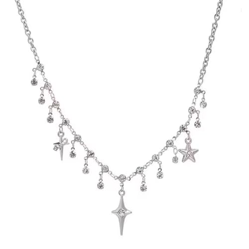 Trendige Halskette mit Vier-Sterne-Anhänger, Metalllegierung, süße, kantige Schlüsselbeinkette für Partys, Hochzeiten, lässige Outfits, einzigartiges Design, vierzackiger Sternschmuck von Psdndeww
