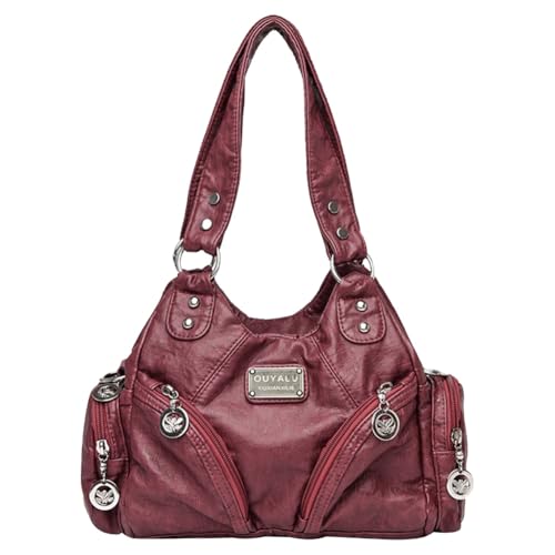 PsraGoor Leder-Handtasche für Frauen, Retro Hobo Tasche, Umhängetasche mit großer Kapazität, modische Slouchy Crossbody, abnehmbarer Riemen, lässige Unterarmtasche (Weinrot) von PsraGoor