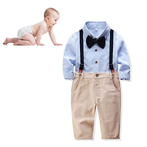 Baby Boy Gentleman Outfits Anzüge Streifenhemd Hosenträger Hosen Fliege Anzug Set für Party oder Alltag(Hellblau 90cm) von Pssopp