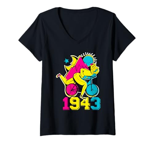 Damen Fahrradtag 1943, psychedelische Kunst, Retro-Radsport, Trippy-Design T-Shirt mit V-Ausschnitt Damen Fahrradtag 1943, psychedelische Kunst, Retro-Radsport, Trippy-Design T-Shirt mit V-Ausschnitt von Psychedelic Art Retro Cycling Bicycle Day 1943