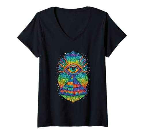 Damen Psychedelic Pyramide, Allsehendes Auge, Heilige Geometrie T-Shirt mit V-Ausschnitt Damen Psychedelic Pyramide, Allsehendes Auge, Heilige Geometrie T-Shirt mit V-Ausschnitt von Psychedelic Pyramide, Allsehendes Auge, d.b.A.i.