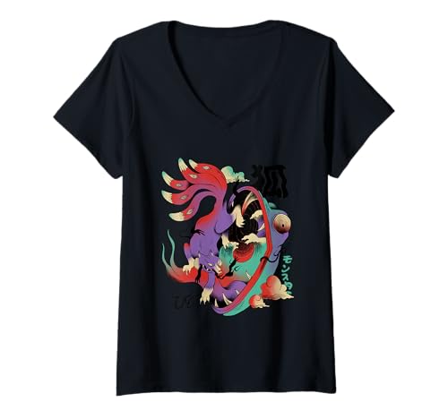 Damen Psychedelic Kitsune Monster Japanische Fuchskunst T-Shirt mit V-Ausschnitt Damen Psychedelic Kitsune Monster Japanische Fuchskunst T-Shirt mit V-Ausschnitt von Psychedelic Surreal Art