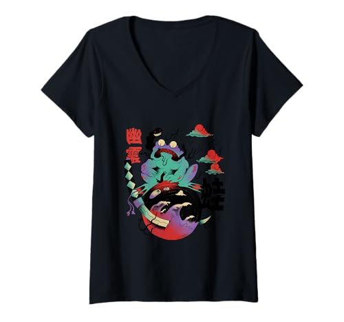 Damen Psychedelischer Frosch Katana Japanische Kunst T-Shirt mit V-Ausschnitt von Psychedelic Surreal Art