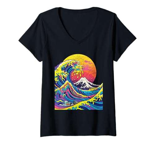 Damen Bunte große Welle mit Mt Fuji, japanische japanische Kunst T-Shirt mit V-Ausschnitt Damen Bunte große Welle mit Mt Fuji, japanische japanische Kunst T-Shirt mit V-Ausschnitt von Psychedelic Wave Wear