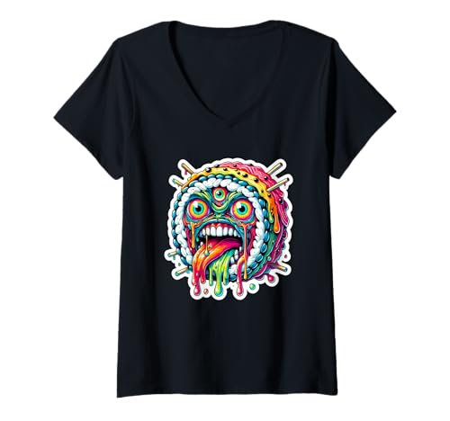 Damen Buntes Psychedelic Street Design – Sushi Monster T-Shirt mit V-Ausschnitt von Psychedelische Kunst & Streetwear Designs