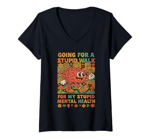 Damen Retro Gehirn Dummer Spaziergang für dumme mentale Gesundheit T-Shirt mit V-Ausschnitt Damen Retro Gehirn Dummer Spaziergang für dumme mentale Gesundheit T-Shirt mit V-Ausschnitt von Psychedelischer Funky Gehirn Club