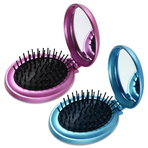 2 Stück Runde Haarbürste mit Kleiner Spiegel Mini Haarbürste Faltbare Kamm mit Reise Spiegel Tragbar Bürste Rundbürste Klein Kompakte Haarbürste für Männer Mädchen Frauen (blau und Lila) von Psyqtsuary