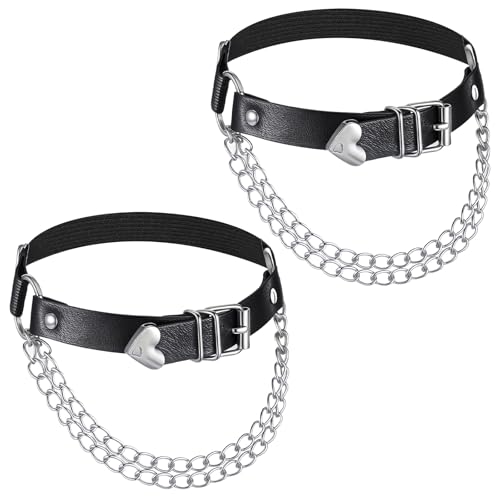 2 Stück Verstellbare Herz Beinstrumpfbänder, Strumpfband Kunstleder Schwarz Verstellbarer Strumpfhalter Mit Ketten Gothic Herz Strumpfhalter Für Beine Und Oberschenkel Halloween Rave Karneval Party von Psyqtsuary