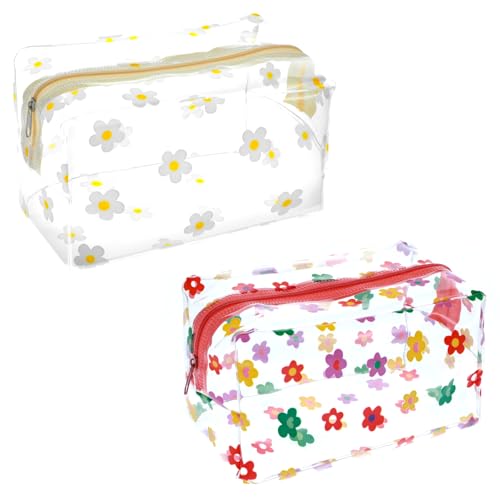 Blumenmuster Kosmetiktasche Durchsichtig, 2 Stück Kosmetiktasche Transparent Cute Makeup Bag Tragbare Cosmetic Bag Kulturbeutel Transparent mit Reißverschluss Waschtasche Damen Schminktisch Zubehör von Psyqtsuary