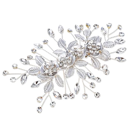 Haarschmuck Hochzeit, Glitzernde Braut Haarschmuck Strasssteine Haarspange Silber Kristall Blumen Kopfschmuck für Frauen Mädchen Braut Brautjungfer (Silber) von Psyqtsuary