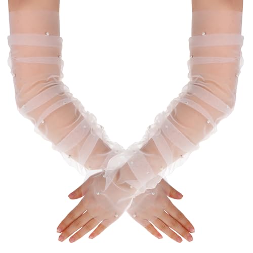 Psyqtsuary 1 Paar Lang Brauthandschuhe Perlen Weiße Handschuhe Perlen Transparent Tüllhandschuhe Lang Damen Fingerlose Netzhandschuhe für Bräute Mädchen Frauen Hochzeit Teeparty von Psyqtsuary