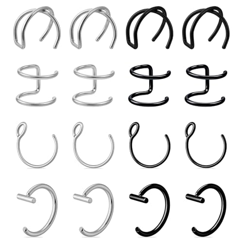Psyqtsuary 16 Stück Fake Nasenpiercing, Edelstahl Fake Lippenpiercing Ring 8mm Fake Nasen Piercing Gothic Septum Piercing für Männer Frauen (Silber, Schwarz) von Psyqtsuary