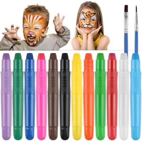 Ptdfjspt Schminkset für Kinder, 12 Farben, Auswaschbare und Drehbare Buntstifte für Gesichtsschminke mit 2 Pinseln für Partys, Halloween, Cosplay von Ptdfjspt