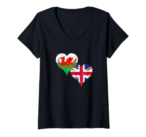 Damen Coole Walisische Flagge mit Union Jack Ich Liebe Wales UK T-Shirt mit V-Ausschnitt Damen Coole Walisische Flagge mit Union Jack Ich Liebe Wales UK T-Shirt mit V-Ausschnitt von Ptera A Welsh Flag and Union Jack of Great Britain