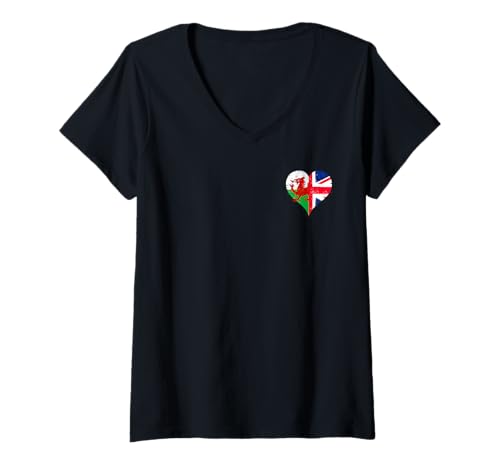 Damen Kleine Walisische Flagge mit Union Jack Ich Liebe Wales UK T-Shirt mit V-Ausschnitt Damen Kleine Walisische Flagge mit Union Jack Ich Liebe Wales UK T-Shirt mit V-Ausschnitt von Ptera A Welsh Flag and Union Jack of Great Britain