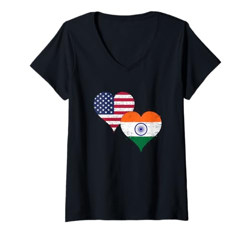 Damen Indianamerikaner am Unabhängigkeitstag mit USA Indien Flagge T-Shirt mit V-Ausschnitt von Ptera: I Love USA & India An Indian American Flag