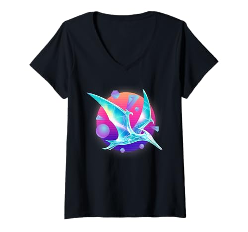 Damen Pterodactyl Flying Dinosaurier Sky Sci-Fi Dinosaurier Retrowave T-Shirt mit V-Ausschnitt von PteroPulse