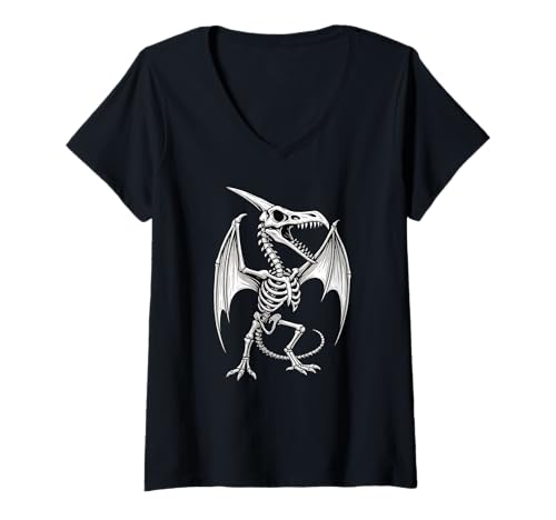 Damen Pterosaurier Skelett Dinosaurier Pterodaktyl Halloween Jungen Kinder T-Shirt mit V-Ausschnitt Damen Pterosaurier Skelett Dinosaurier Pterodaktyl Halloween Jungen Kinder T-Shirt mit V-Ausschnitt von PterosaurAxis1