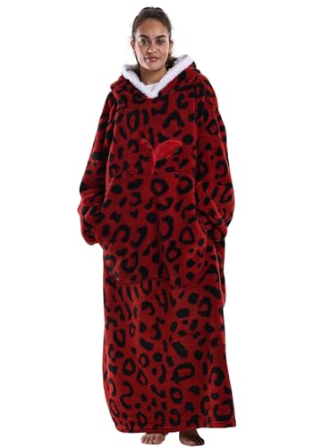 Pterygoid Leopardenmuster Hoodie Decke 140cm XXL,Kuschelpullover Kuschelanzug Erwachsene, Langarm Schlafponcho mit Riesiege Apfeltasche & Plüschfleece für Damen Herren(Einheitsgröße) von Pterygoid