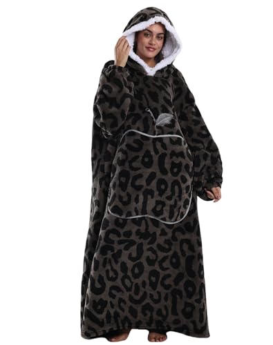 Pterygoid Leopardenmuster Hoodie Decke 140cm XXL,Kuschelpullover Kuschelanzug Erwachsene, Langarm Schlafponcho mit Riesiege Apfeltasche & Plüschfleece für Damen Herren(Einheitsgröße) von Pterygoid