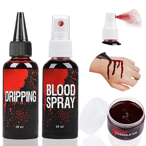 Kunstblut Set, 60ml Kunstblut Spray und 60ml Tropfendes Kunstblut und 40ml Wundschorf Kunstblut, Halloween Waschbar Kunstblut Make-up für Kleidung, Zombie, Vampir Cosplay & Dress Up von Ptesuply