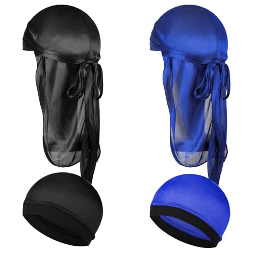 Durag Men Kopftuch Herren 4Pcs Bandana Cap für Kind Premium Satin Durag mit Langem Schwanz für 360 Waves Elastische Wave Cap Piratentuch Durag Silk Bonnet Men für Sport Die TäGliche Hip-Hop-Dekoration von Ptwola