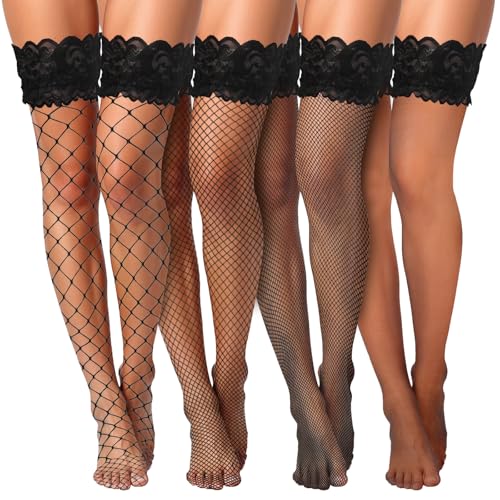 Ptwola 4 Paar Halterlose Strümpfe Netzstrümpfe Spitzenstrümpfe Damen Spitze kniehohe Netzstrümpfe Transparente Overknee Seidige Strümpfe Schwarze Halterlose Strumpfhosen für Rollenspiele Rave-Outfits von Ptwola