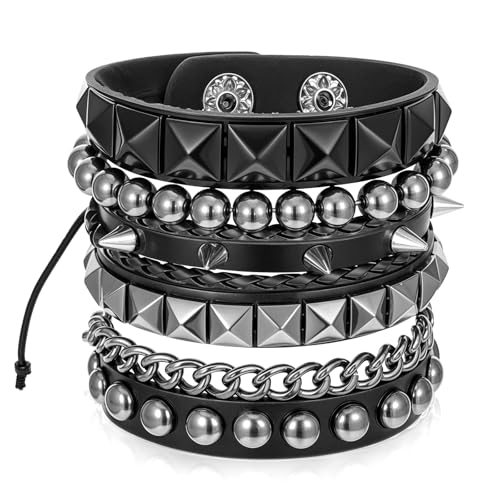 Ptwola 4 Stück Punk Leder Manschette Armband Gothic Lederarmband Armreif mit Metall Nieten Verstellbare Rock Biker Armband Set für Herren und Damen Party Geschenke von Ptwola