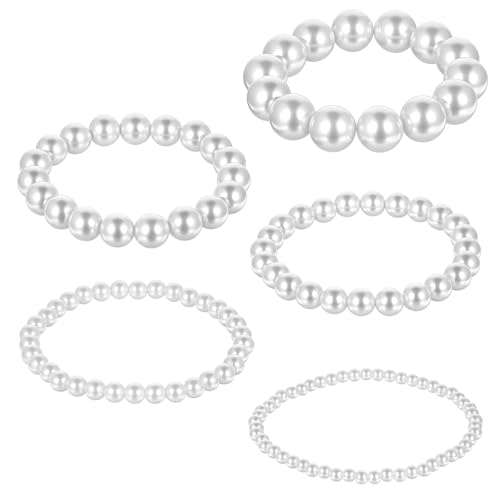 Ptwola 5 Stück Damen Weiß Künstlichen Perlen Armband Perlenarmband Mehrschichtiges Steine Armband Eleganter Boho Modeschmuck Charm für Braut Party Hochzeit 5 Größen Kostüm Accessoire von Ptwola