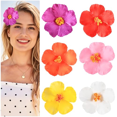 Ptwola 6 Stück Blumen Haarklammer Hawaii Blumen Haarspangen Plumeria Hibiskus Strand Kopfbedeckungen Künstliche Clips für Frauen Mädchen Hochzeitsfeiern Urlaub Strandparty von Ptwola