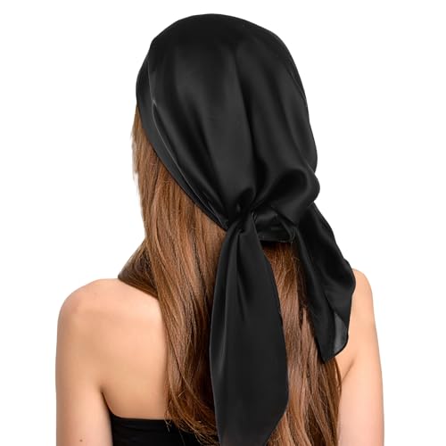 Ptwola Seidenschal Seide Bandana Turban Damen Schwarze Quadratische Satin-Schals Bandana-Kopftücher Nachthaar-Wickelschals Großes Modisches Kopftuch Stirnband Schals zum Schlafen 69,8 cm Halloween von Ptwola