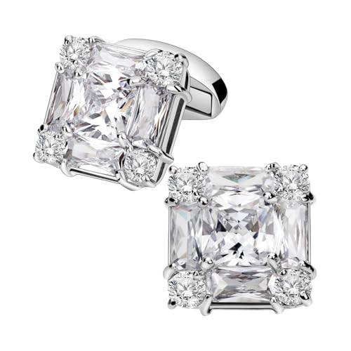 ​​Präzisionsgeschliffene Zirkonia-Manschettenknöpfe für Herren, facettiertes Design, Hochzeitsgeschenkset für den Bräutigam​​,Weiß,Einheitsgröße von Puasny