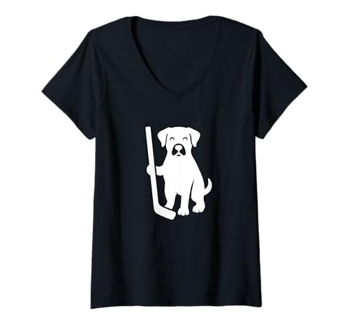 Damen Niedliche Hundehockeyspieler-Silhouette, minimalistisches Design T-Shirt mit V-Ausschnitt von Puck Pups Hockey Silhouette Art