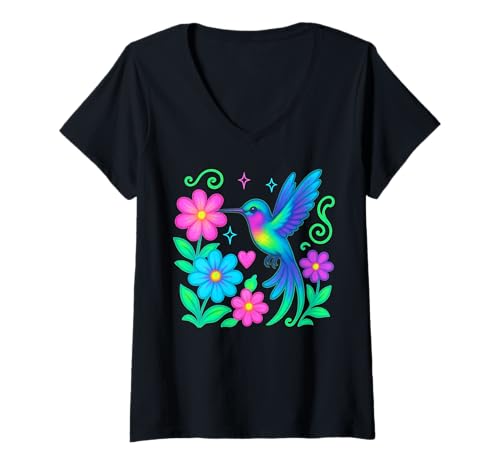 Damen Airbrushed Kolibri Garten Y2K 90er Jahre Stil Gartenarbeit T-Shirt mit V-Ausschnitt von Puddin Threads