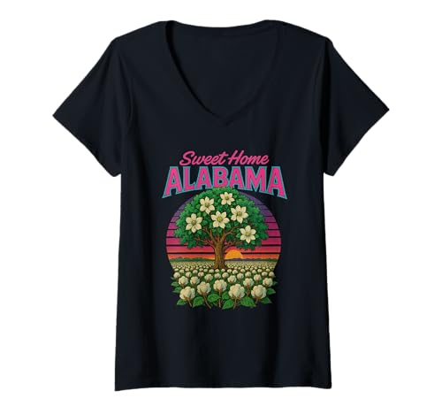 Damen Alabama Magnolia Sunset Retro, Vereinigte Staaten von Amerika - Reiseurlaub T-Shirt mit V-Ausschnitt Damen Alabama Magnolia Sunset Retro, Vereinigte Staaten von Amerika - Reiseurlaub T-Shirt mit V-Ausschnitt von Puddin Threads