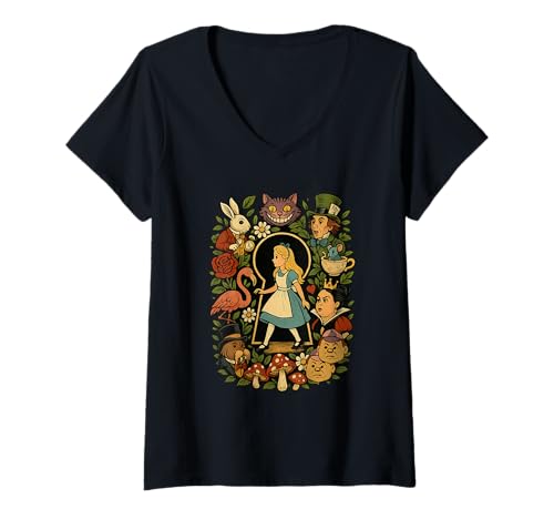 Damen Alice im Wunderland Charaktere Lewis Carroll Illustration T-Shirt mit V-Ausschnitt Damen Alice im Wunderland Charaktere Lewis Carroll Illustration T-Shirt mit V-Ausschnitt von Puddin Threads