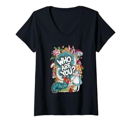 Damen Alice im Wunderland Raupe Buch Nook Party T-Shirt mit V-Ausschnitt Damen Alice im Wunderland Raupe Buch Nook Party T-Shirt mit V-Ausschnitt von Puddin Threads