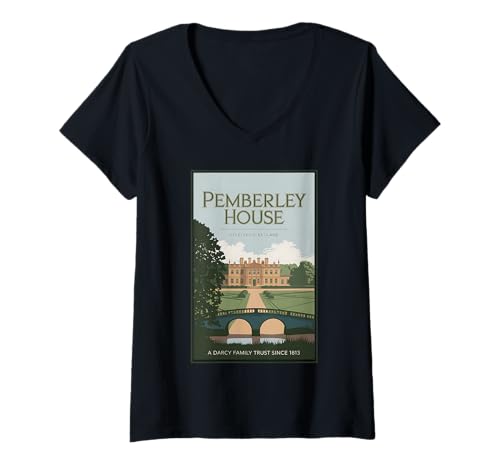 Damen Jane Austen Pride and Prejudice Pemberley Klassische Literatur T-Shirt mit V-Ausschnitt Damen Jane Austen Pride and Prejudice Pemberley Klassische Literatur T-Shirt mit V-Ausschnitt von Puddin Threads