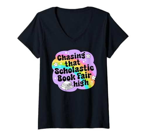 Damen Retro Book Fair Damen Leselehrer Buchbibliothekarin T-Shirt mit V-Ausschnitt von Puddin Threads