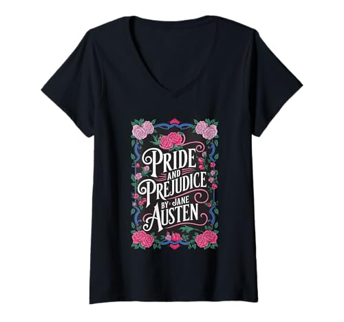 Damen Stolz und Vorurteil Buch Jane Austen Merch T-Shirt mit V-Ausschnitt von Puddin Threads