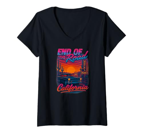 Damen Touristischer Roadtrip durch die kalifornische Wüstenroute 66 im Retrostil T-Shirt mit V-Ausschnitt von Puddin Threads
