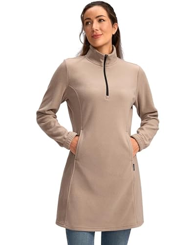 Pudolla Damen Fleece Kleid Lang Sweatshirt Tunika Kleid mit Tasche, Dunkles Khaki, Klein von Pudolla