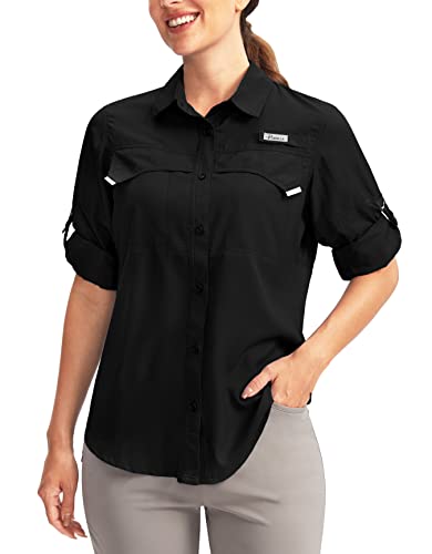 Pudolla Damen UPF 50+ UV-Schutz Shirts Langarm Angeln Wandern Shirt Cool Leicht Reise Safari Shirts, Schwarz, M von Pudolla