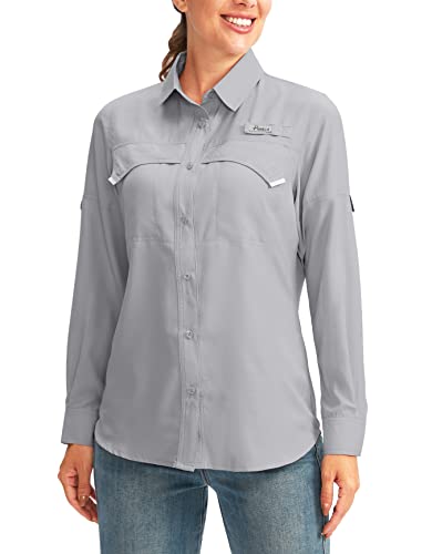 Pudolla Damen UPF 50+ UV Sonnenschutz Shirts Langarm Angeln Wandern Shirt Cool Leicht Reise Safari Shirts, Grau (Cool Grey), XL von Pudolla