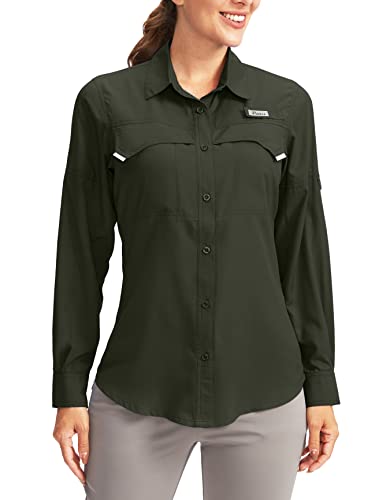 Pudolla Damen UPF 50+ UV Sonnenschutz Shirts Langarm Angeln Wandern Shirt Cool Leicht Reise Safari Shirts, Oliv/Blatt für mich (Leaf It to Me), X-Groß von Pudolla