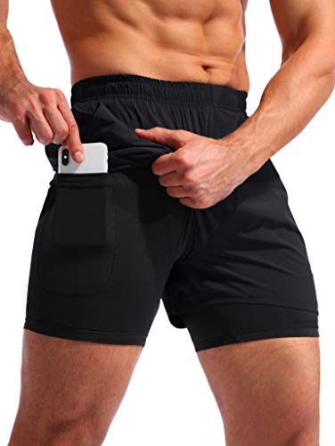 Pudolla 2-in-1-Laufshorts für Herren, 12,7 cm, schnelltrocknend, für Fitnessstudio, athletische Workout-Shorts für Herren, mit Handytaschen, Schwarz, L von Pudolla